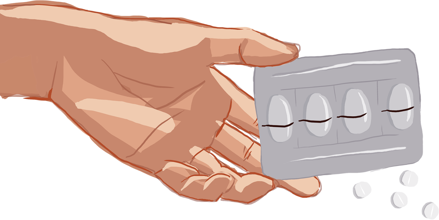 An illustration of a left hand holding pills