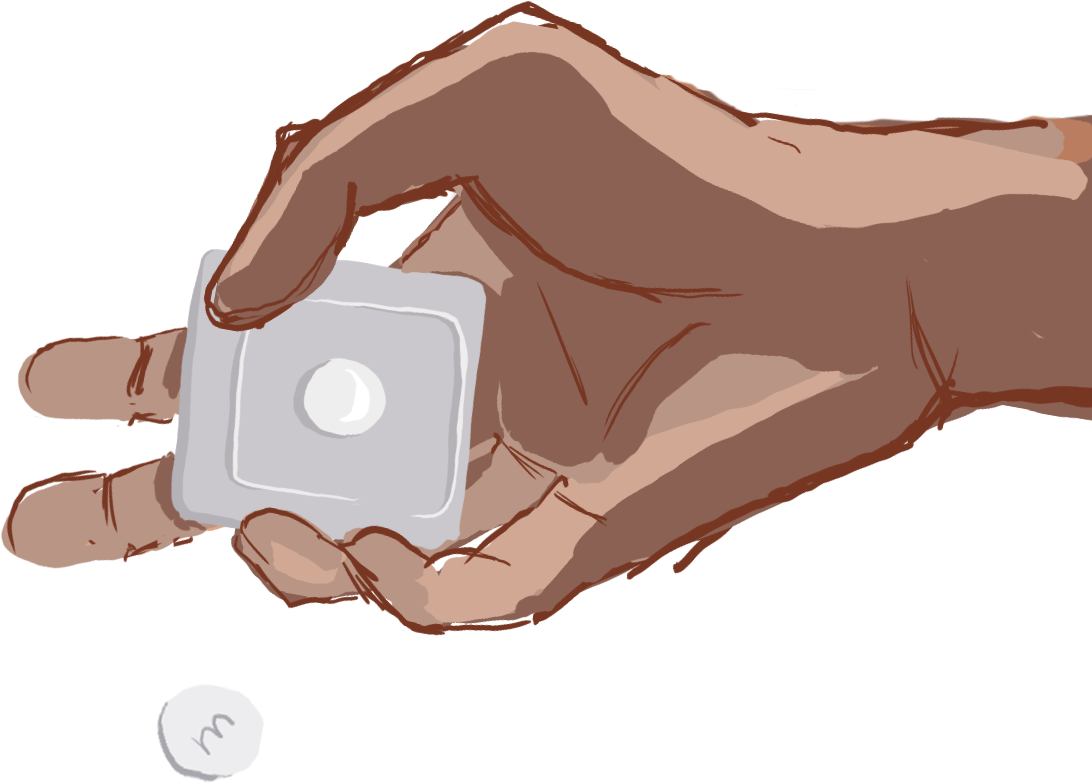 An illustration of a right hand holding pill