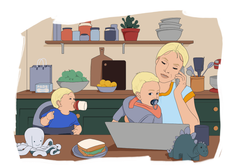 Illustration of Mom and two children in kitchen. The mom is on her laptop.